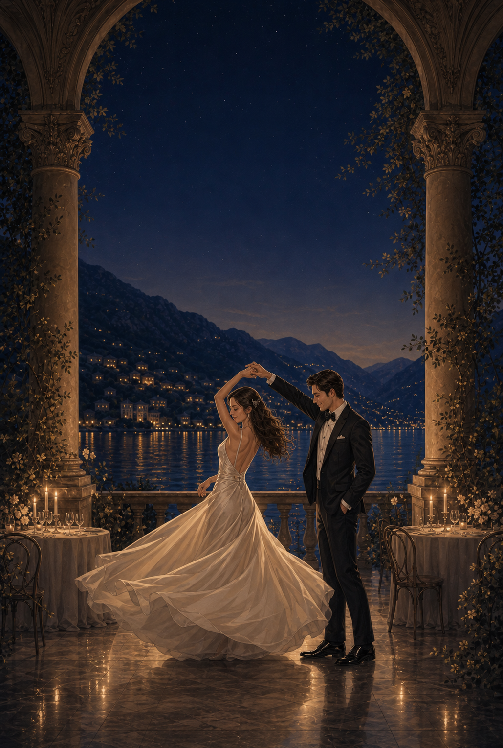 A newlywed couple twirling beneath an arched Lake Como terrace under the stars.