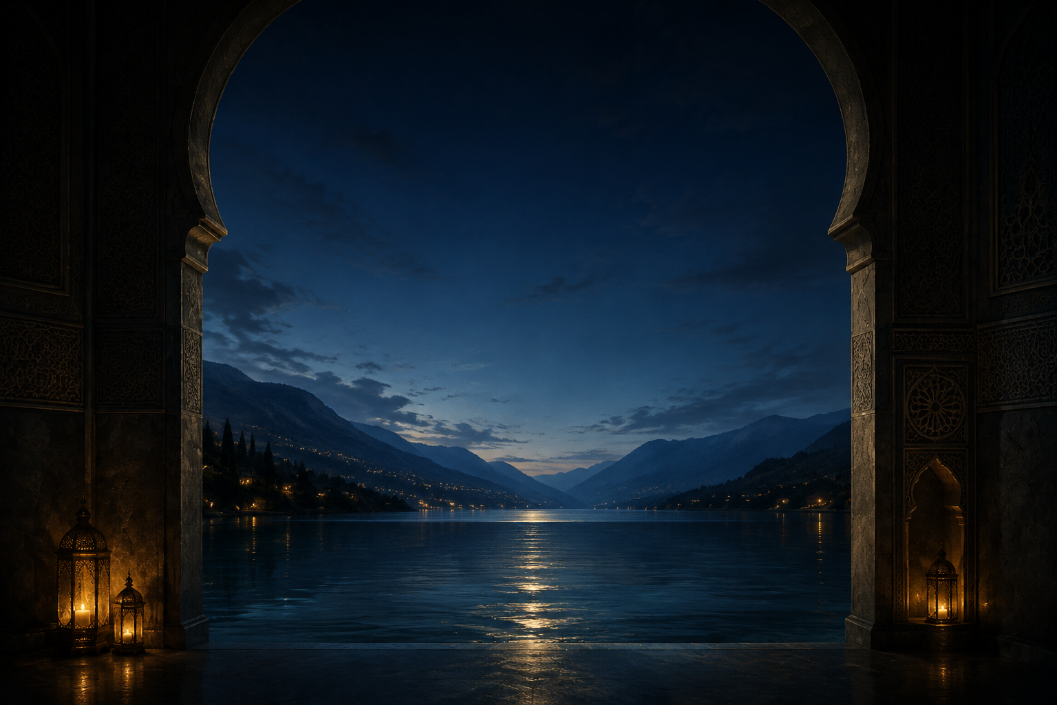 A moonlit lake framed by a carved stone arch, lanterns glowing on polished floors at blue hour.
