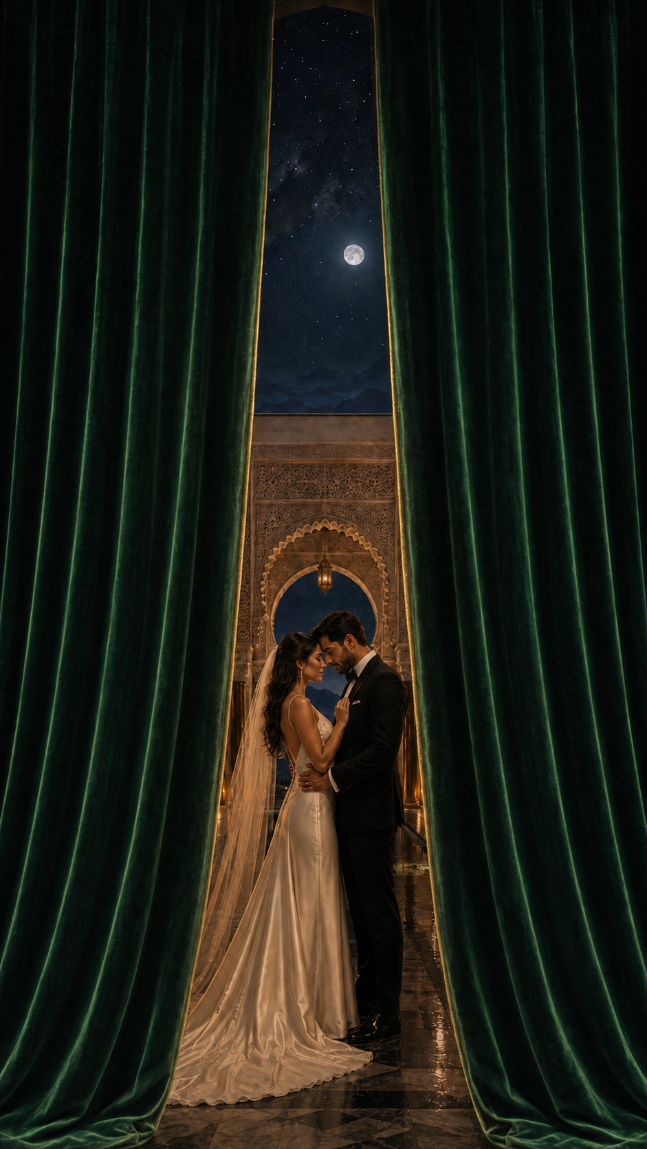 A bride and groom revealed between deep emerald curtains in a moonlit Marrakech palace.