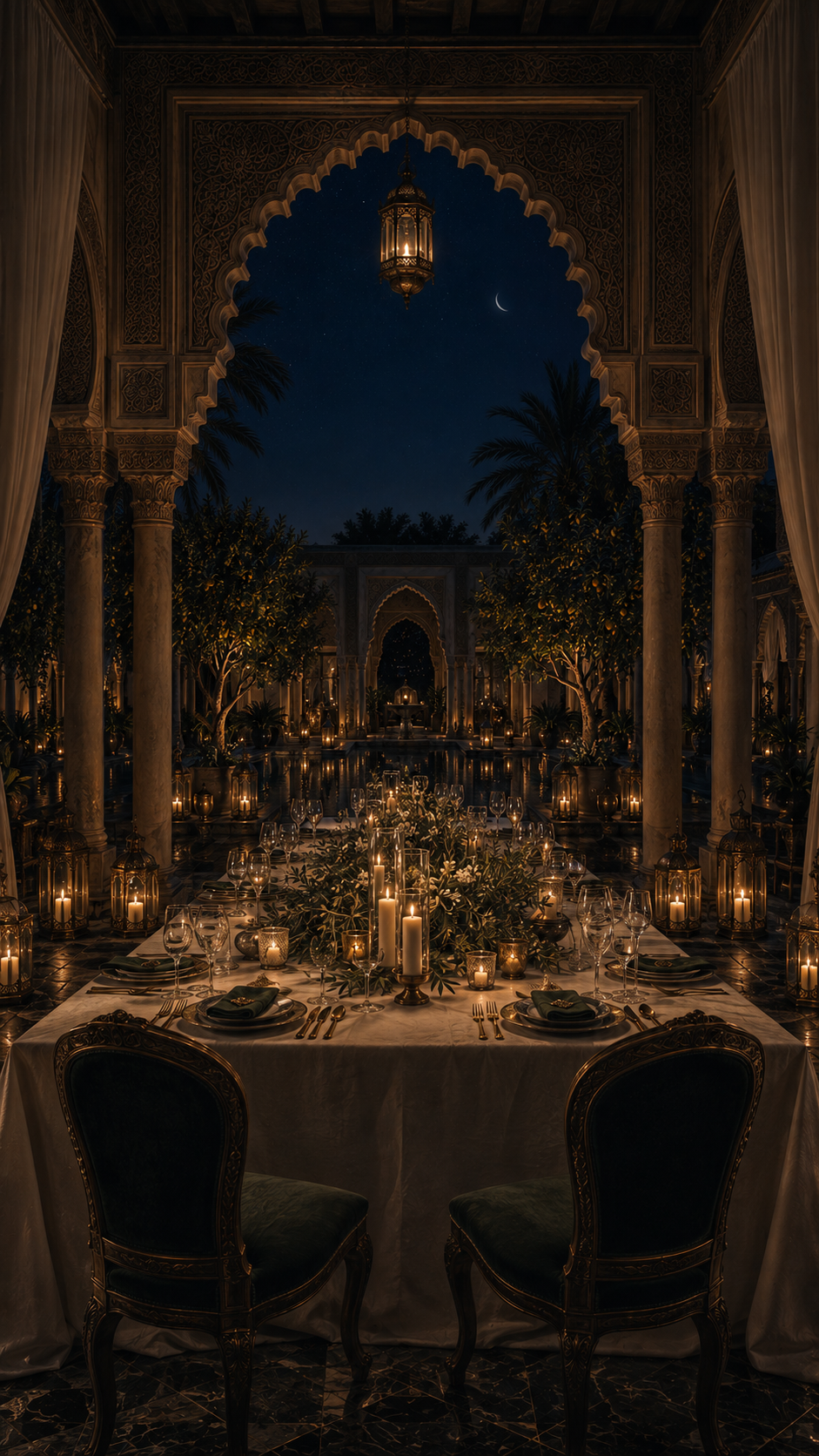 A candlelit wedding table framed by ornate arches and reflecting pools beneath the Marrakech night sky.