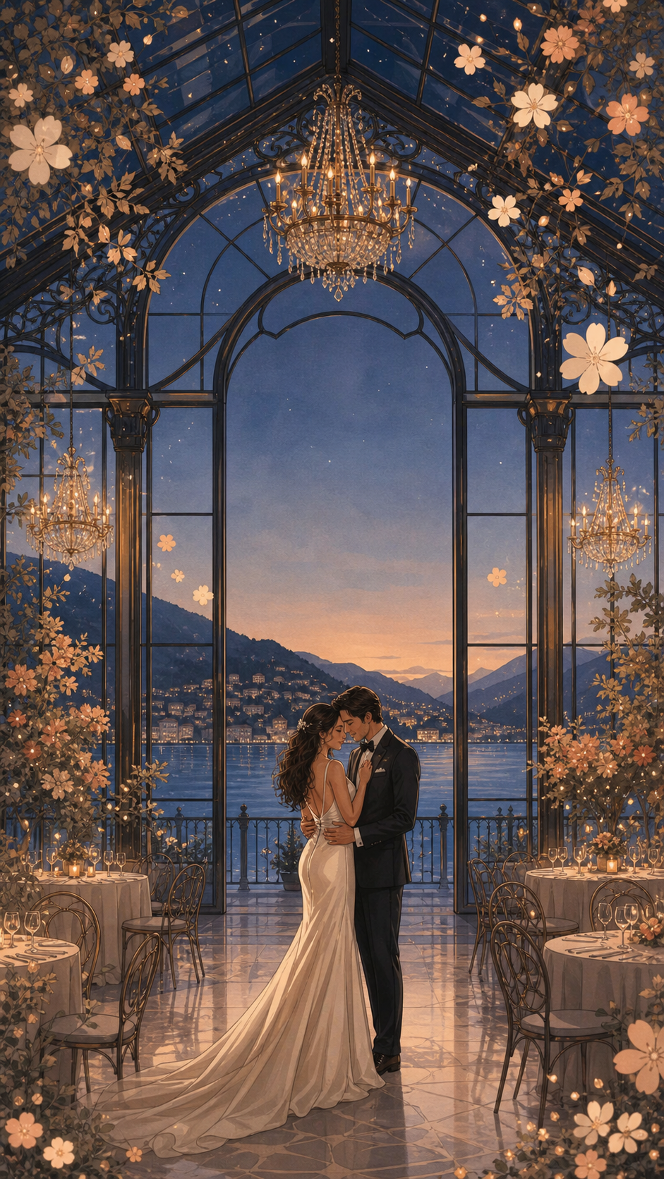 A bride and groom beneath a glass pavilion glowing over Lake Como at blue hour.